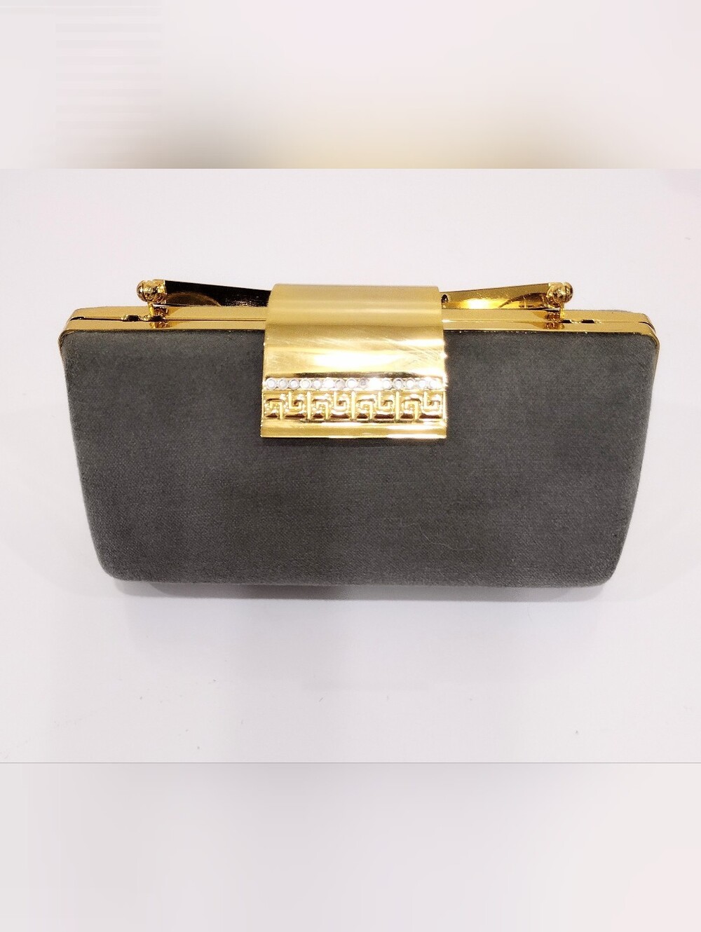 Vintage Elegant Gray Velvet Clutch with Gold Accent